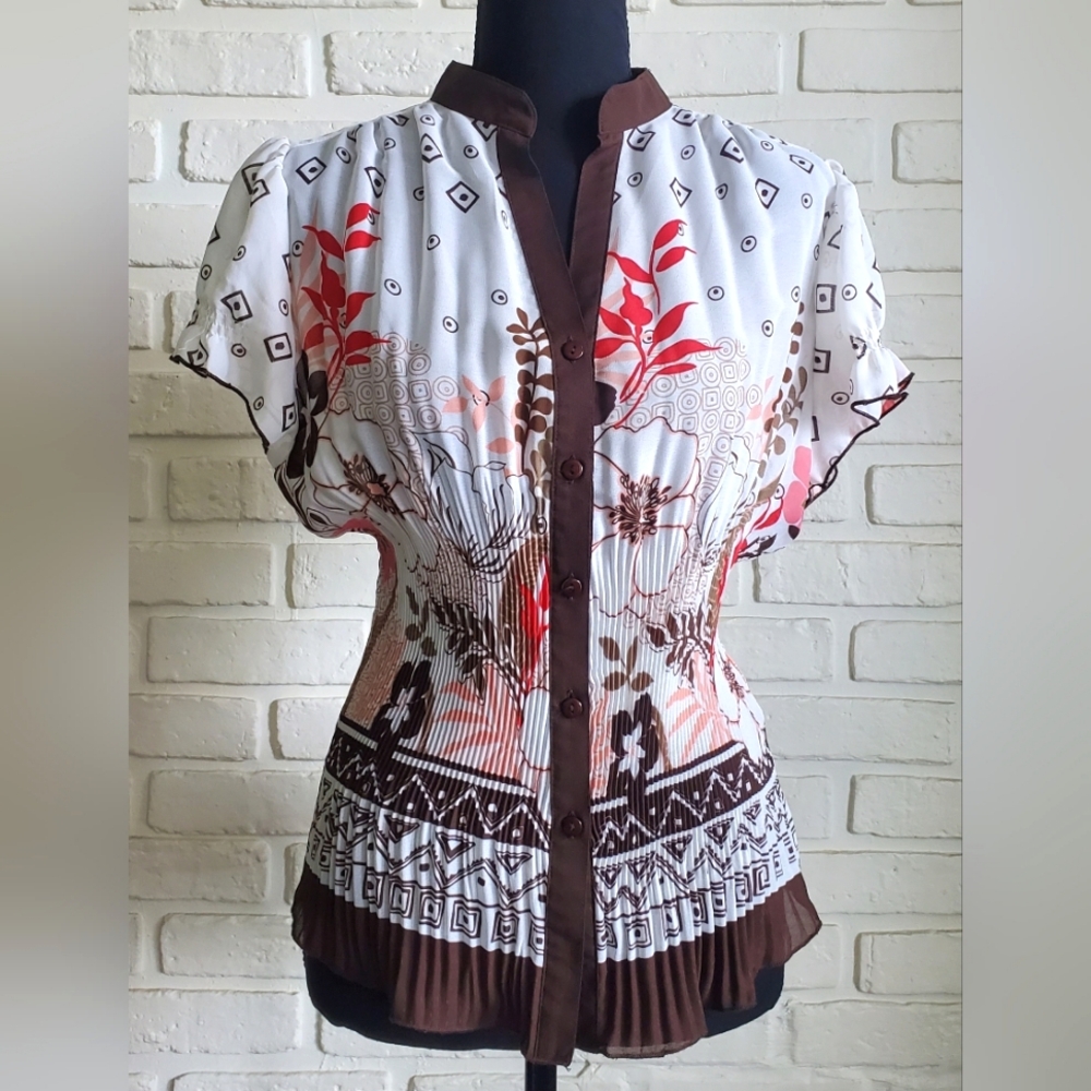 Nicola Short Sleeve Semi Sheer Pleated Frill Floral Blouse Retro